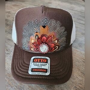 NWT Brown Custom OTTO Brown And Beige Trucker Hat with Feather Crown